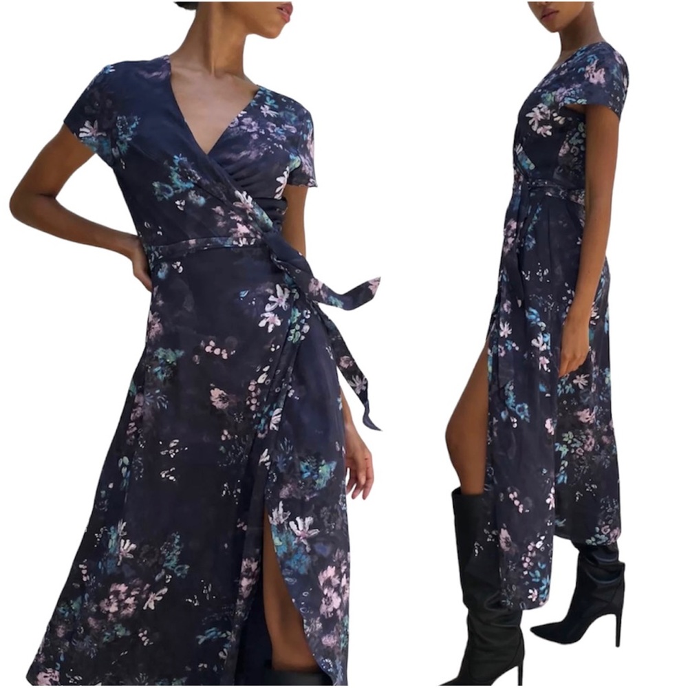 Aritzia Navy Floral Wrap Maxi Dress